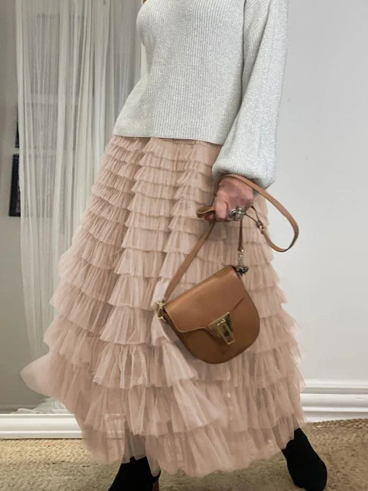 Jupe longue plissée taille haute en tulle pour femmes