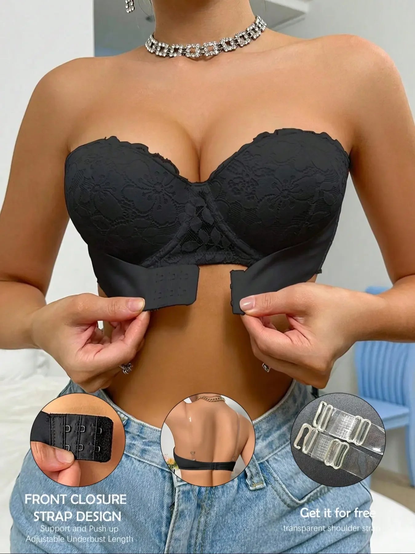 Soutien-gorge push-up multicolore sans bretelles en dentelle florale pour femmes