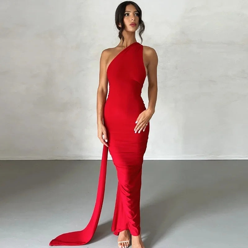 Robe longue sexy asymétrique à épaule unique pour femmes
