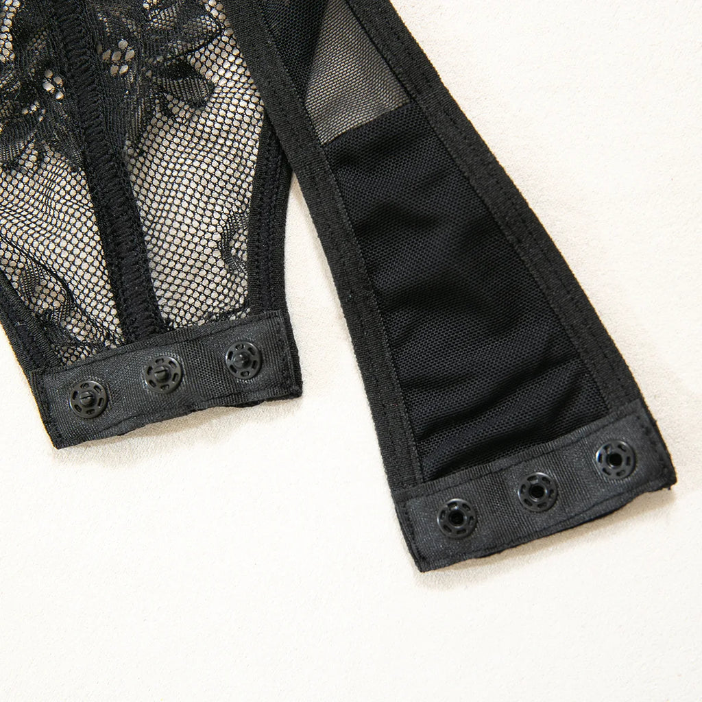 Body noir moulant en maille résille et dentelle pour femmes