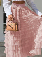 Jupe longue plissée taille haute en tulle pour femmes