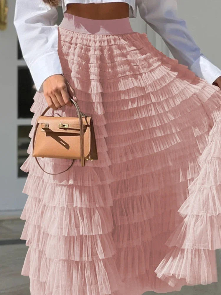 Jupe longue plissée taille haute en tulle pour femmes