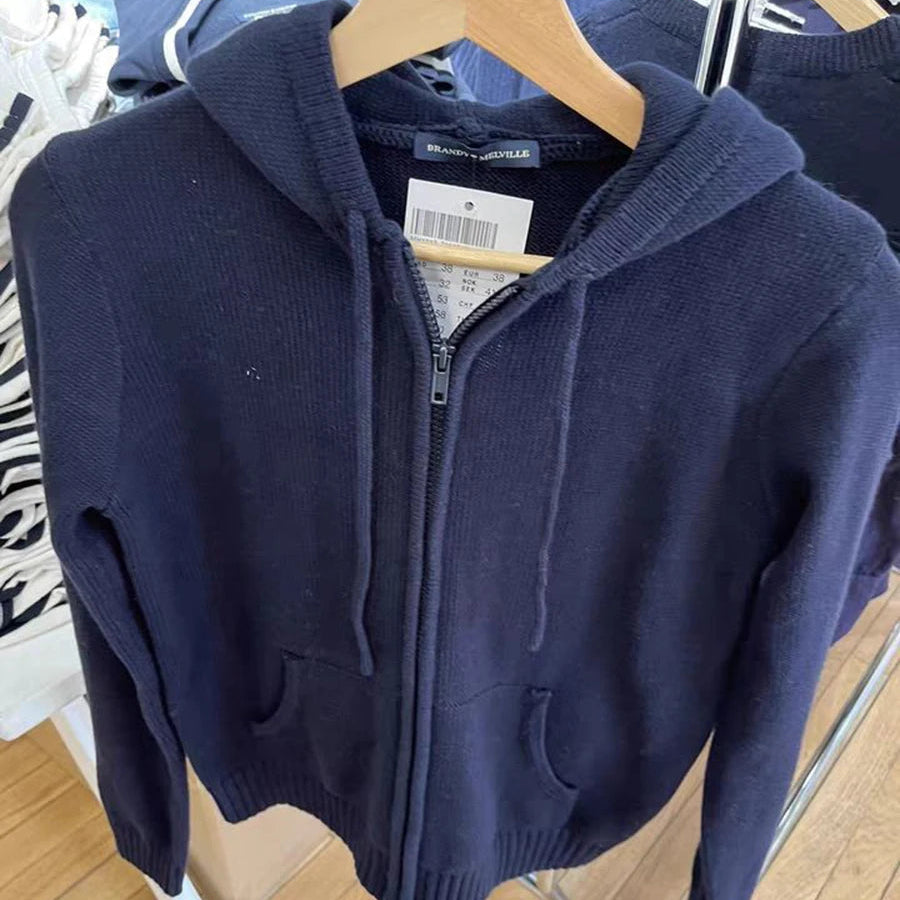 Cardigan tricoté en coton à capuche avec cordon de serrage et fermeture éclair pour femmes
