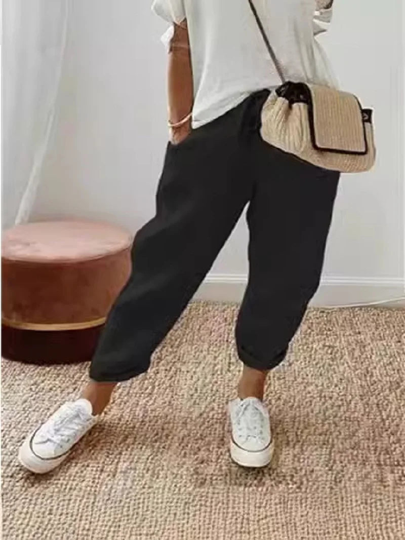 Pantalon court en coton et lin pour femmes