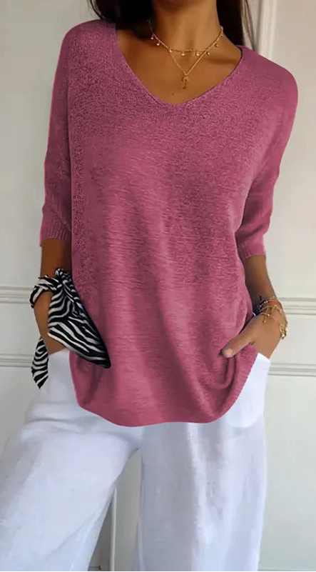Chemise Décontractée Femme – Col V et Manches 3/4