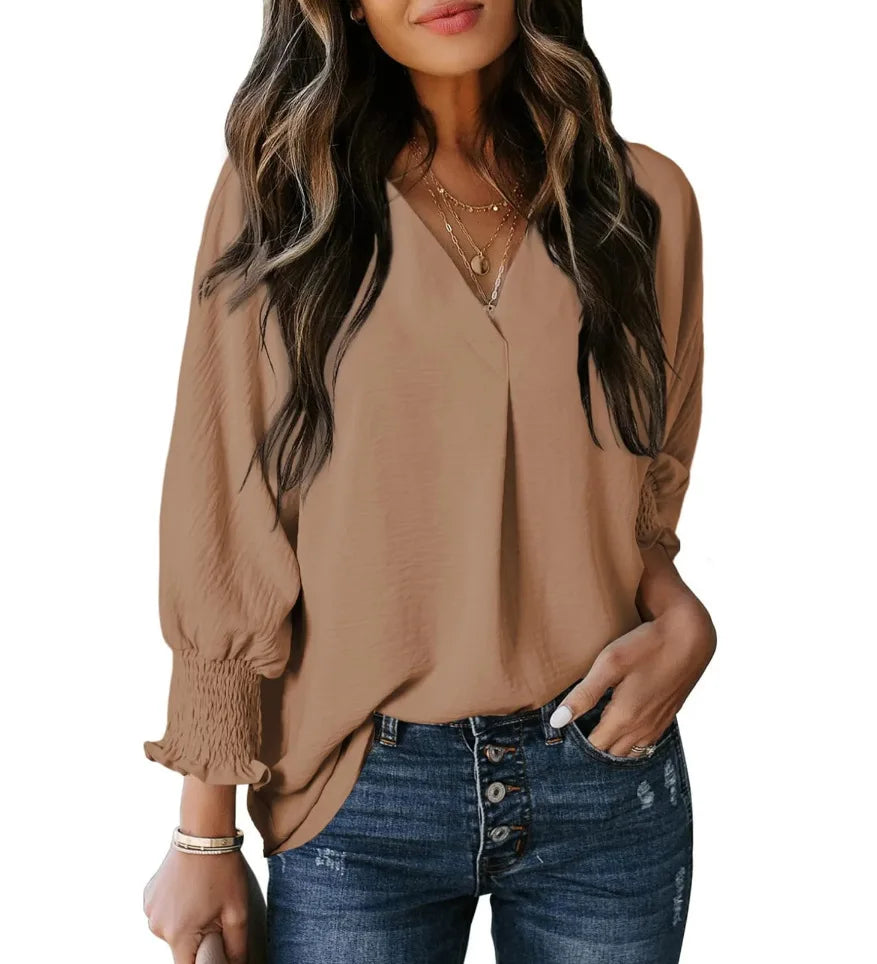 Chemise à col en V et manches longues lanterne pour femmes
