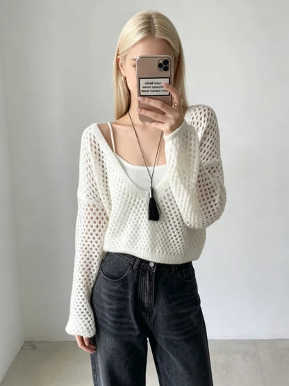 Ensemble 2 Pièces Femme – Gilet en Maille et Chemisier Ajouré