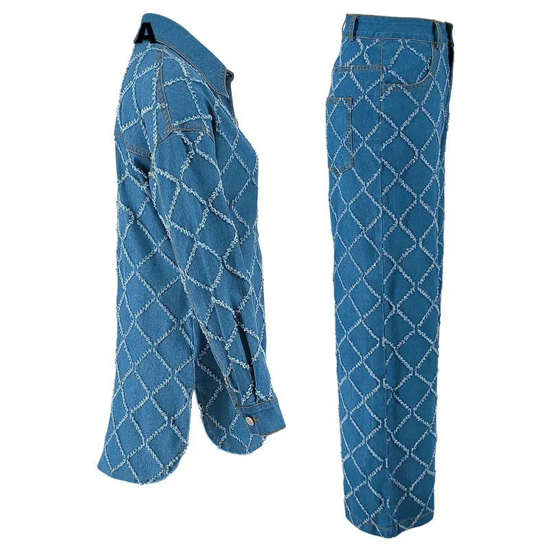 Ensemble 2 pièces chemise en jean à manches longues et pantalon large pour femmes