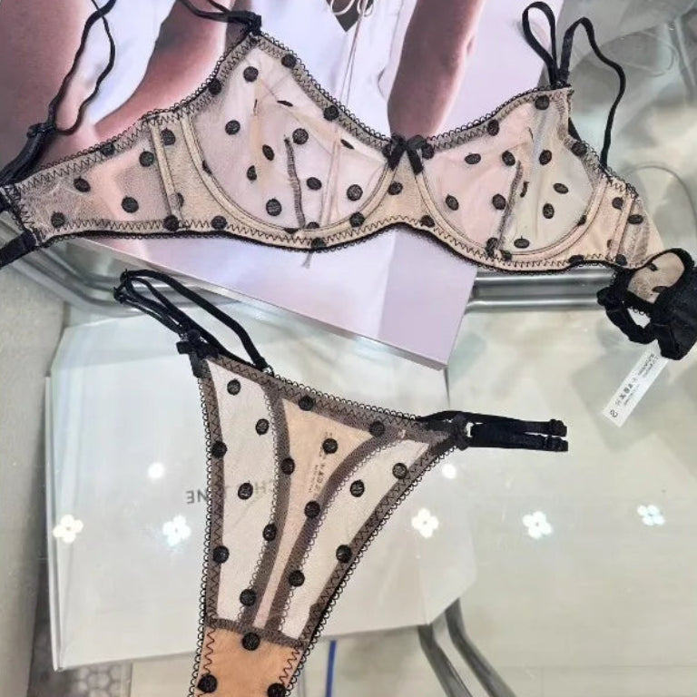 Ensemble de lingeries soutien-gorge sexy en dentelle à pois et résille et string pour femmes