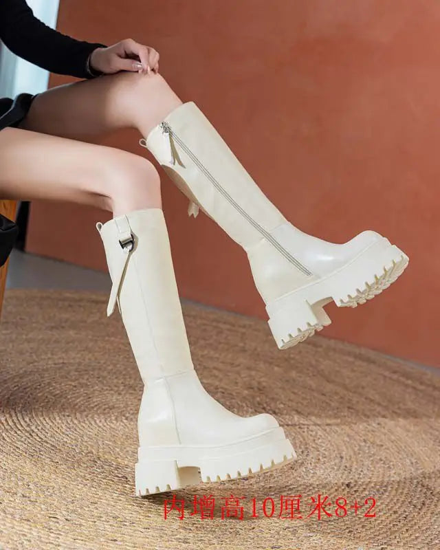 Bottes hautes en cuir véritable à plate-forme pour femmes
