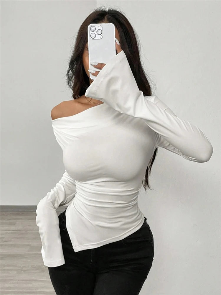 T-shirt à col en V épaules et dénudées à manches longues pour femmes
