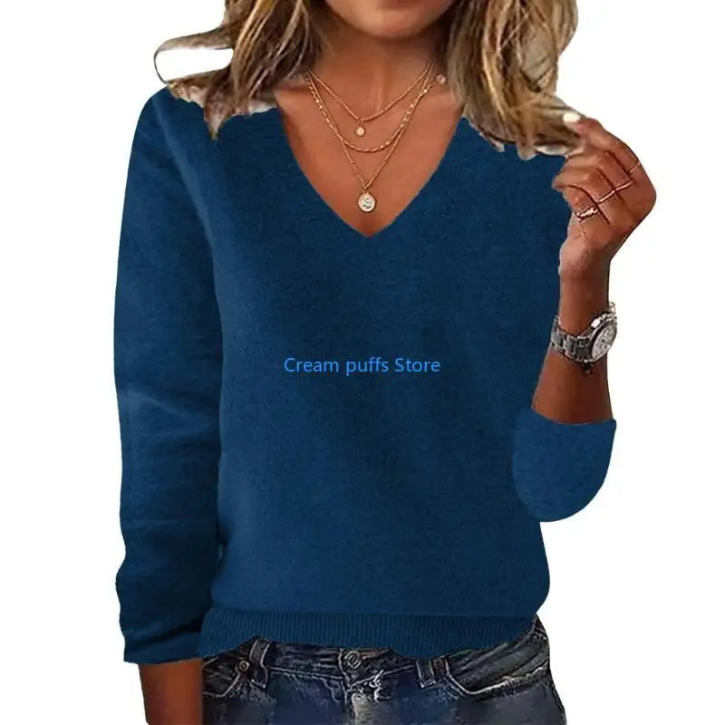 Pull en tricot côtelé doux à col en V pour femmes
