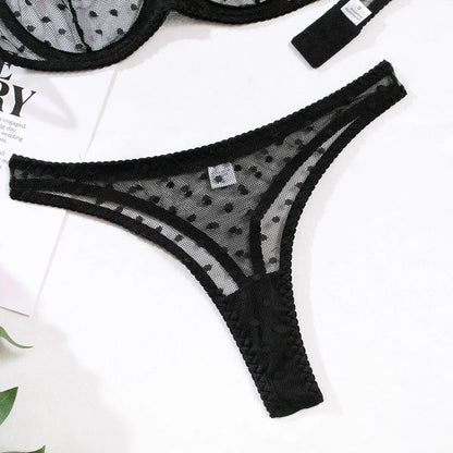 Ensemble Lingerie Femme – Demi-Bonnet et String à Pois