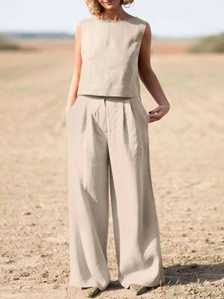 Ensemble deux pièces haut ample à col rond et pantalon à jambes larges pour femmes