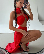 Robe longue fendue en dentelle pour femmes