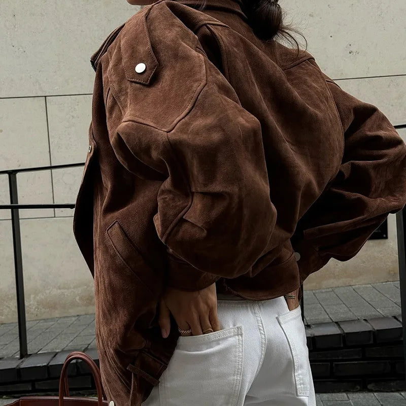 Veste courte ample marron vintage à revers asymétriques pour femmes