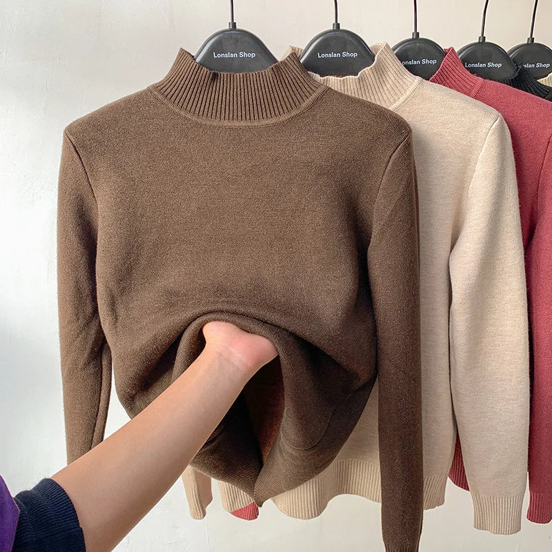 Pull à Col Montant Femme – Maille Doublée Polaire