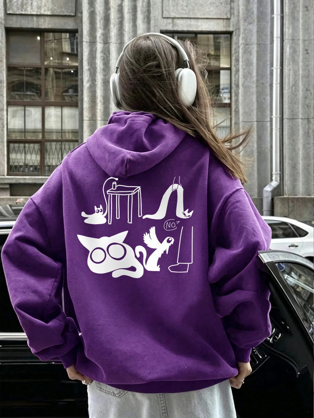 Sweat à capuche imprimé chat rigolo pour femmes