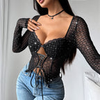 T-shirt court noir sexy à paillettes pour femmes