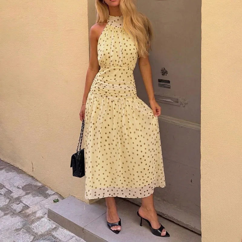 Robe longue dos nu à pois pour femmes