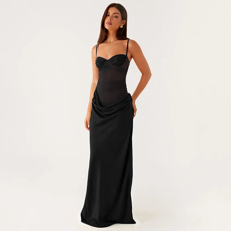 Robe longue moulante à bretelles spaghetti dos nu en maille pour femmes