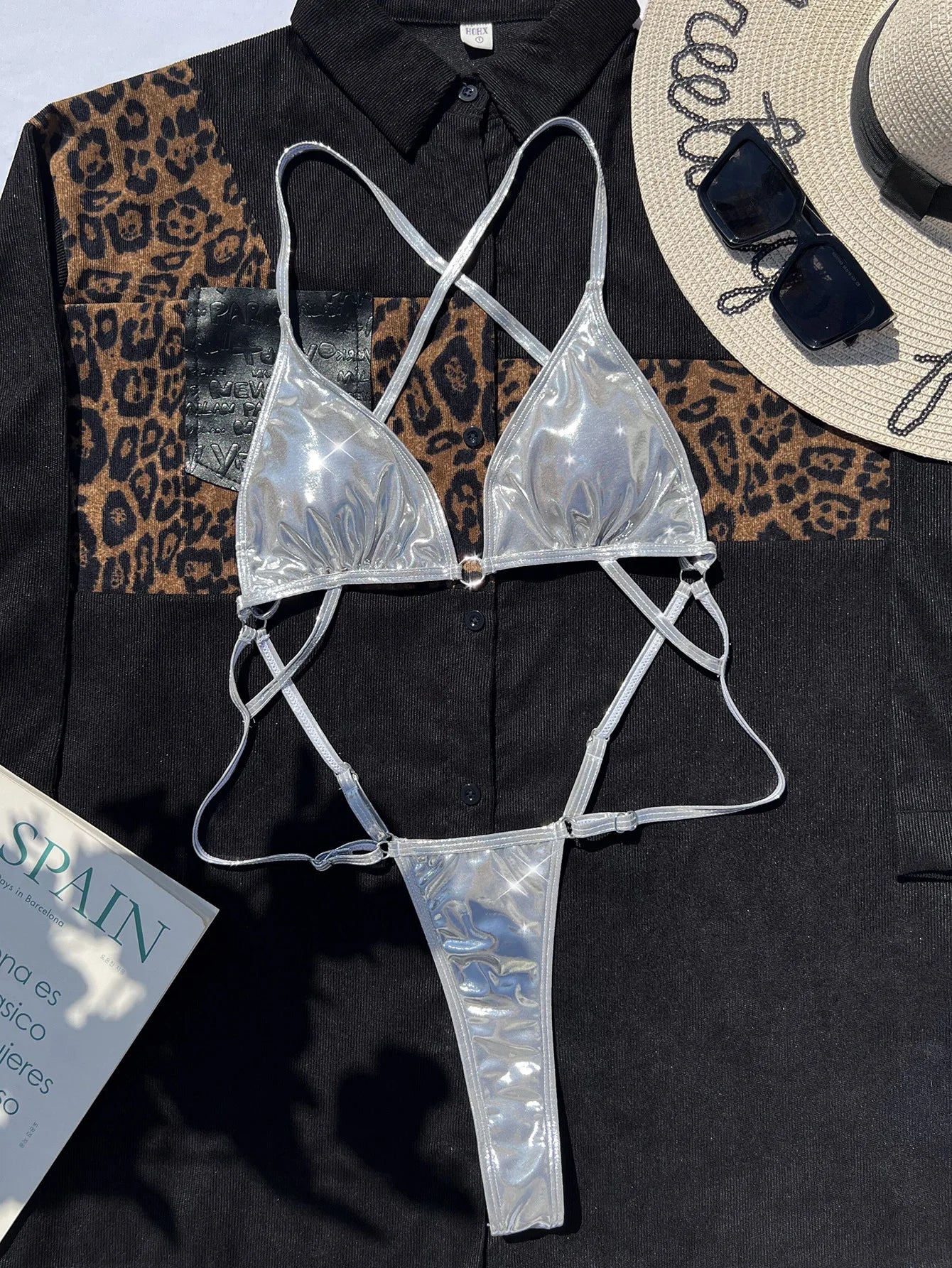 Maillot de bain une pièce en cuir PU brillant pour femmes
