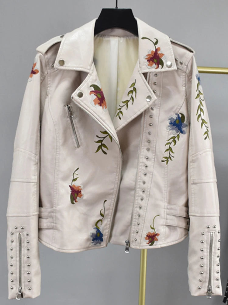 Veste Vintage imprimé fleuri broderie en Pu Faux  pour femmes