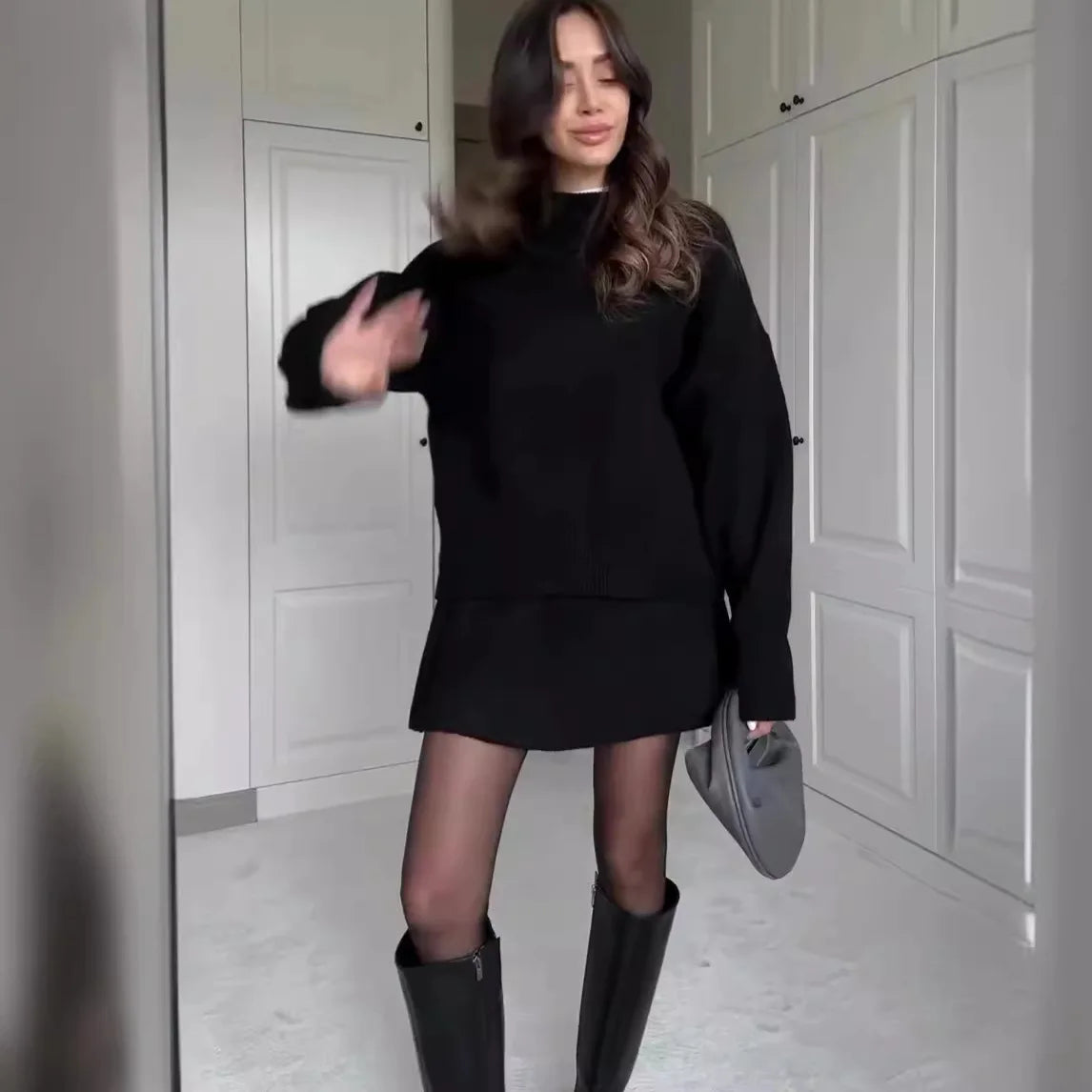 Ensemble deux pièces robe, jupe et pull en maille pour femmes