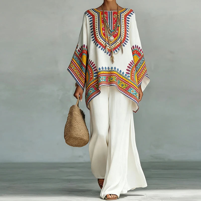 Ensemble 2 pièces haut à col rond et pantalon large pour femmes