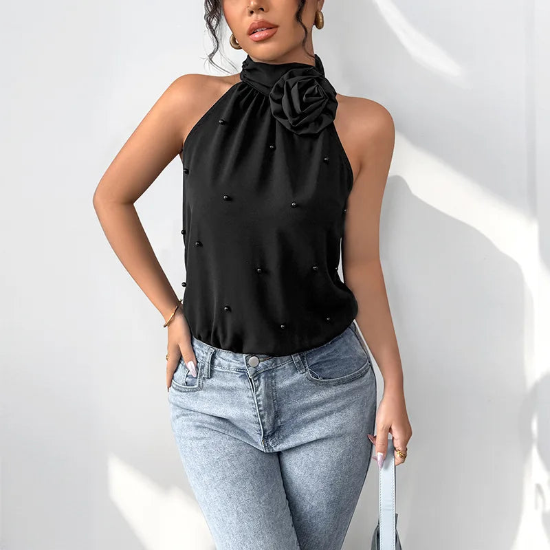 Body noir sans manches et col haut pour femmes
