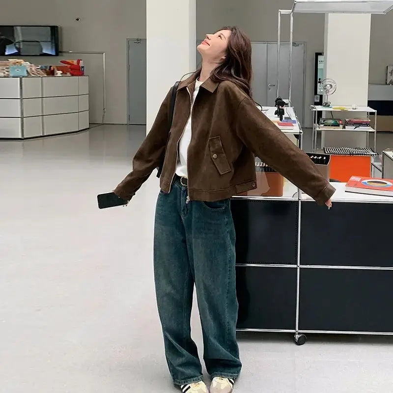 Veste courte en daim style coréen pour femmes