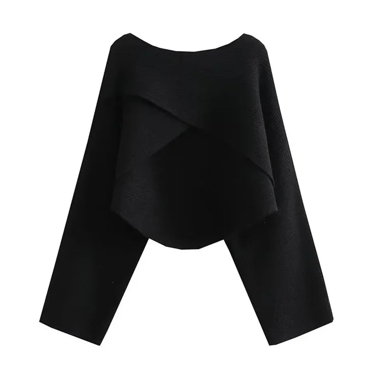 Pull Court Asymétrique Femme – Maille Unie et Manches Longues