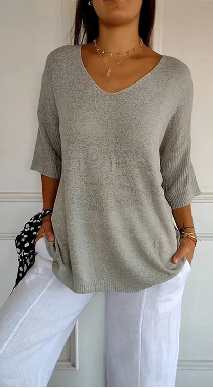 Chemise Décontractée Femme – Col V et Manches 3/4