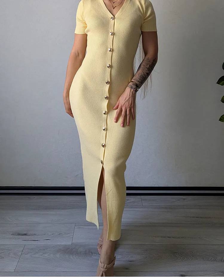 Robe Longue d’Été Femme – Maille, Col V et Boutons