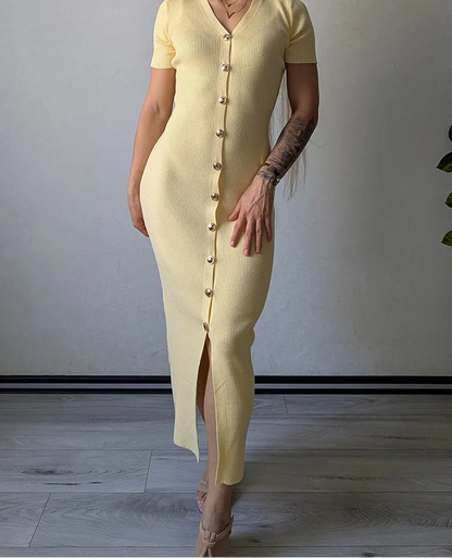 Robe Longue d’Été Femme – Maille, Col V et Boutons