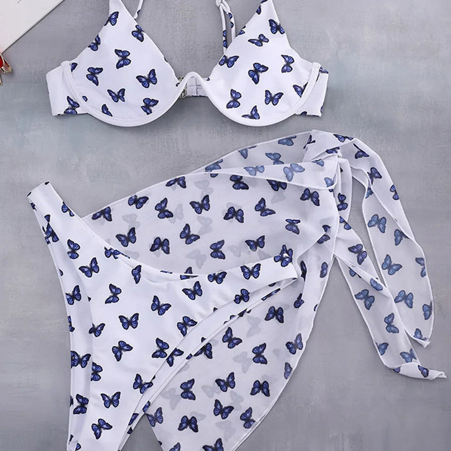 Maillot de bain trois pièces Push Up imprimé marbre, col en v, à armatures, pour femmes