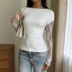 Haut en dentelle à motifs patchwork et tissu transparent pour femmes