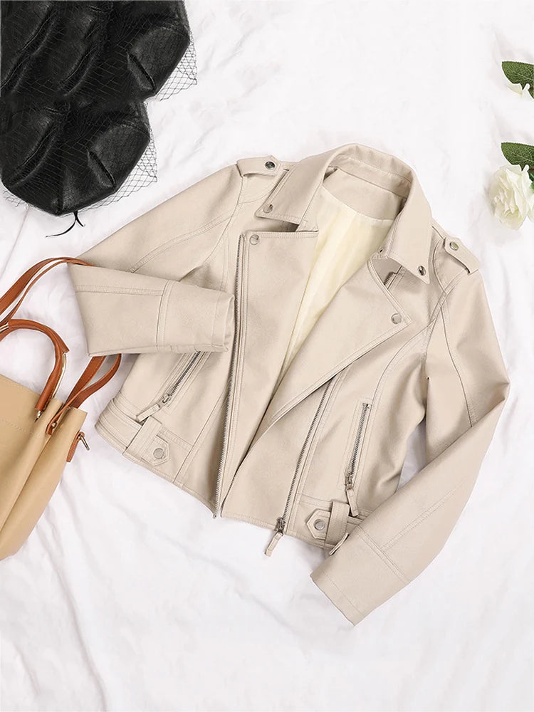 Veste biker femme beige en simili cuir