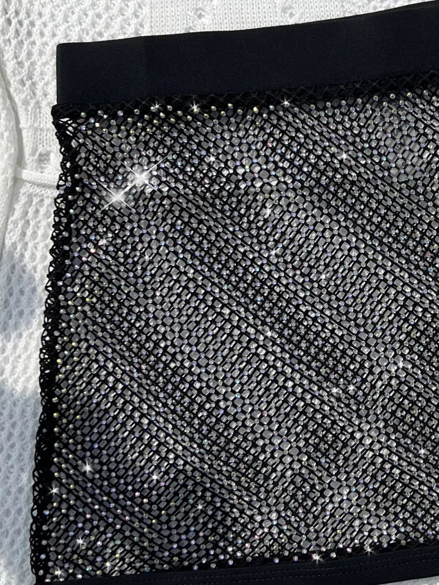 Maillots de bain trois pièces avec damant brillant résille jupe micro pour femmes