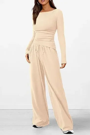 Ensemble décontracté T-shirt asymétrique à manches longues et pantalon à jambes larges pour femmes