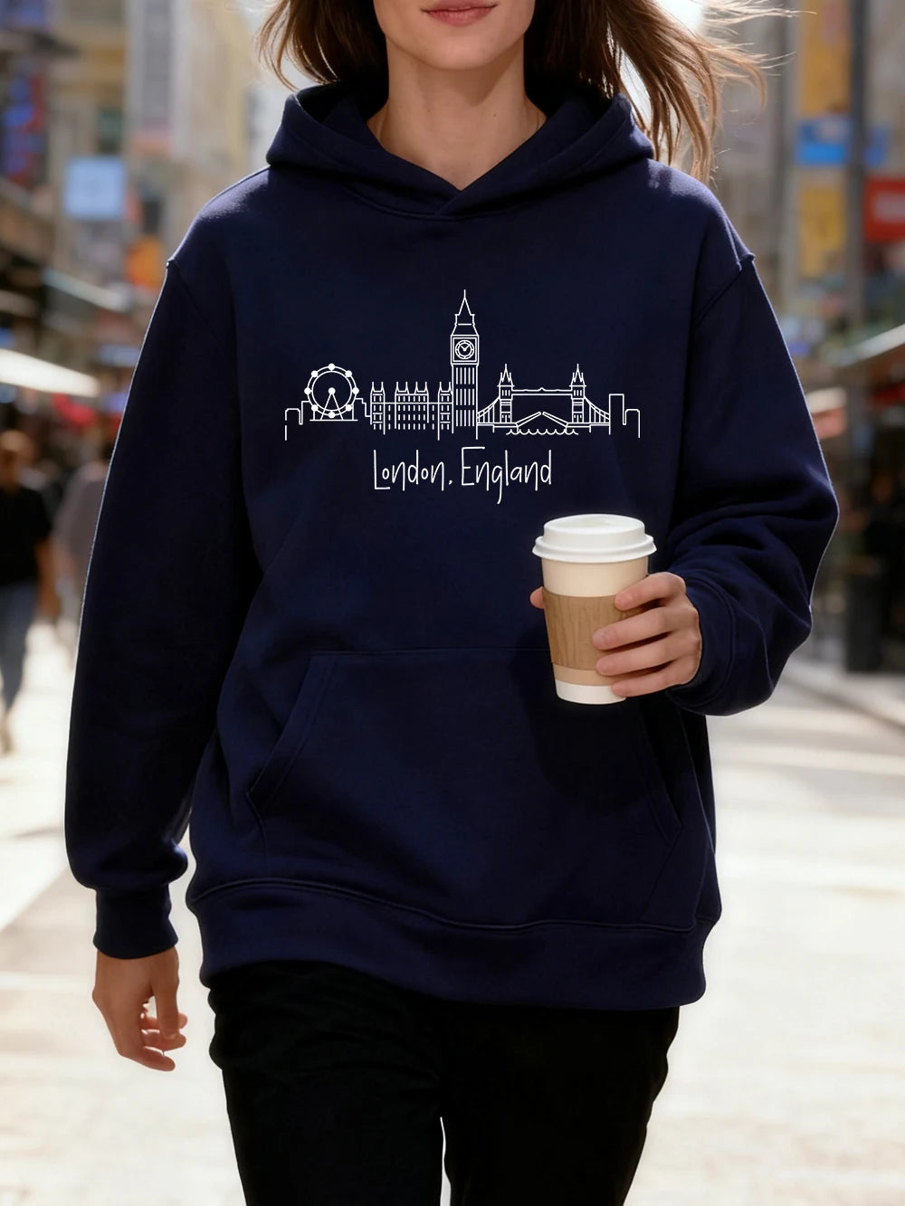 Sweat à capuche en coton imprimé lettres Londres Angleterre pour femmes