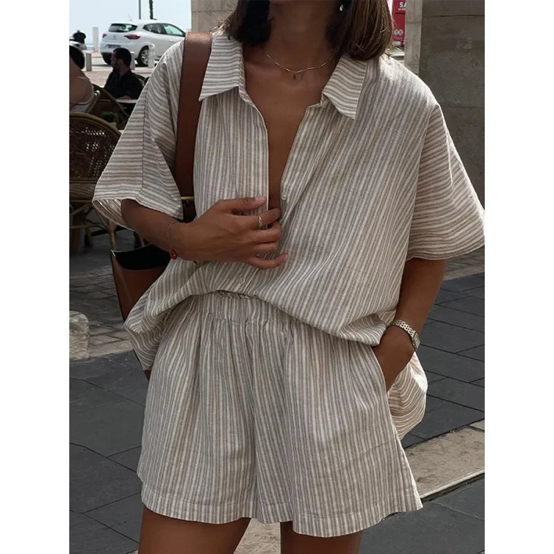 Ensembles shorts jambe large décontracté et haut à simple boutonnage rayé à lacets pour femmes
