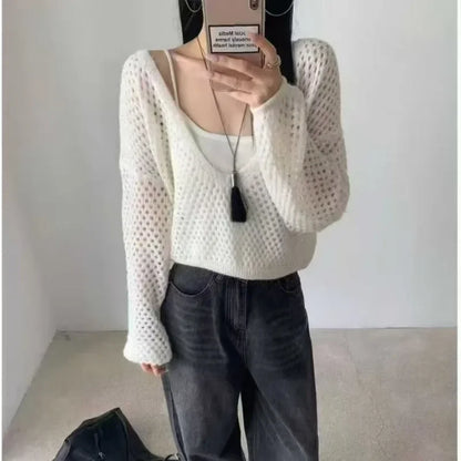 Ensemble 2 Pièces Femme – Gilet en Maille et Chemisier Ajouré