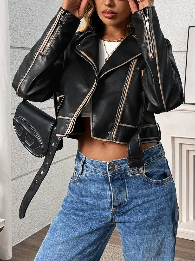 Veste ample rétro en similicuir à fermeture éclair et ceinture extérieure pour femmes