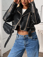 Veste ample rétro en similicuir à fermeture éclair et ceinture extérieure pour femmes