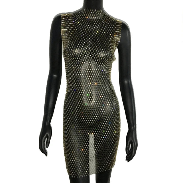 Robe de soirée en résille scintillante, strass, paillettes pour femmes