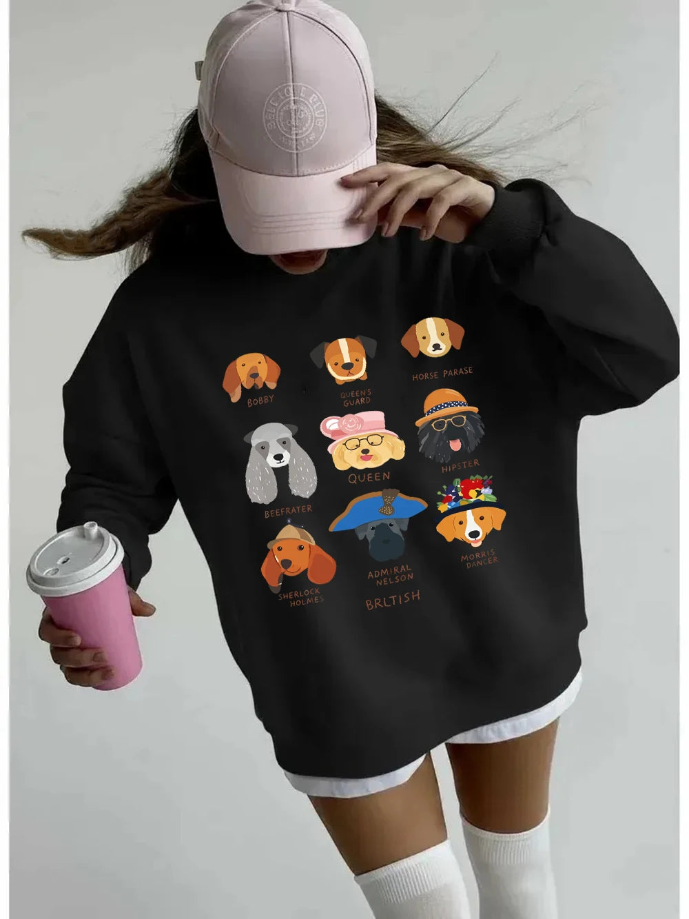 Sweat-shirt à capuche imprimé tête de chien pour femmes