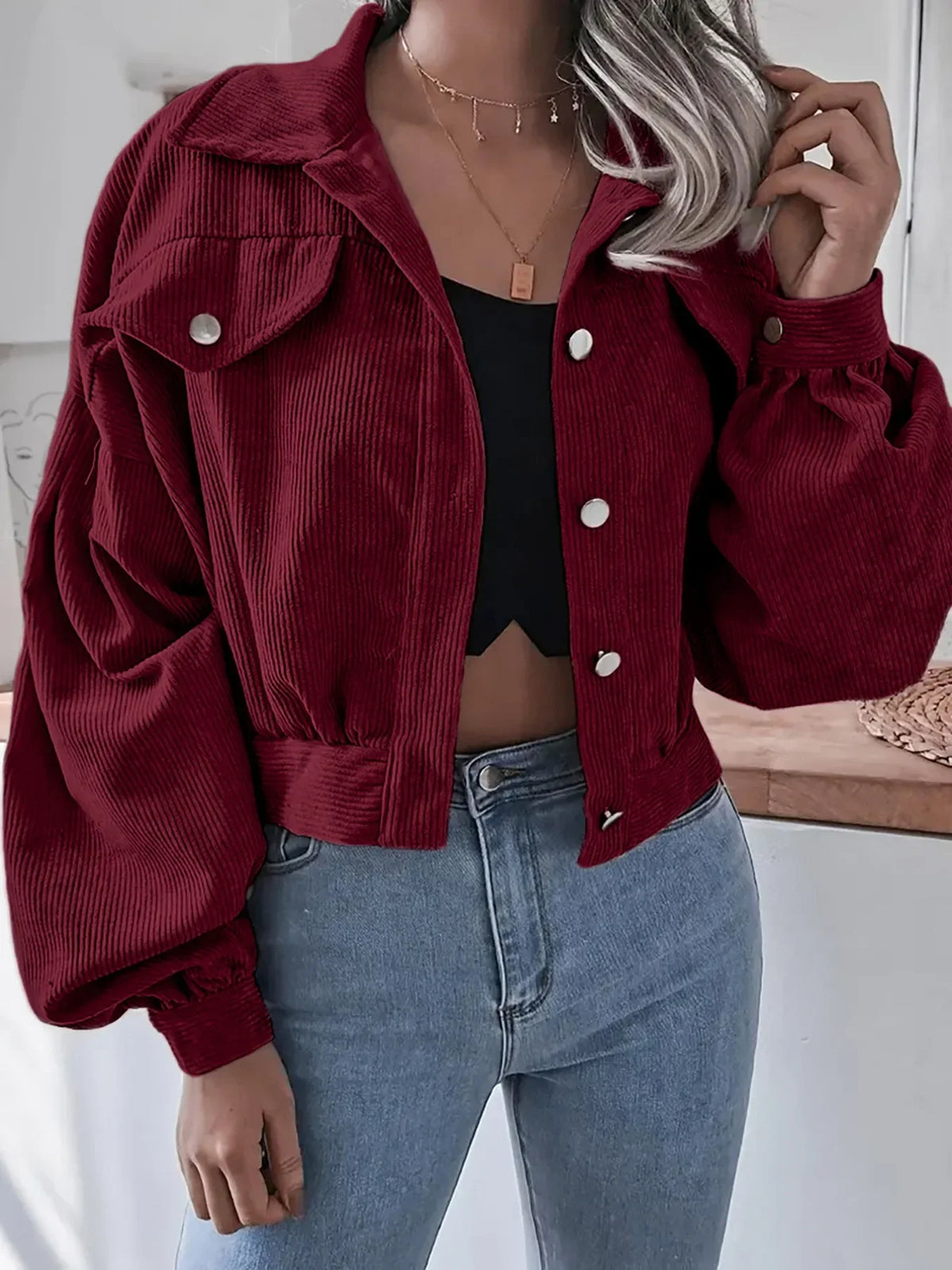 Veste Courte en Velours Côtelé Femme – Manches Lanterne