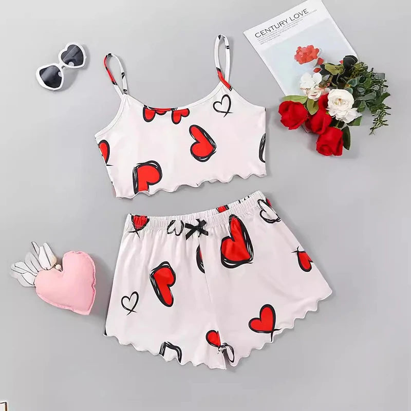 Ensemble pyjama short imprimé  cœur et haut pour femmes