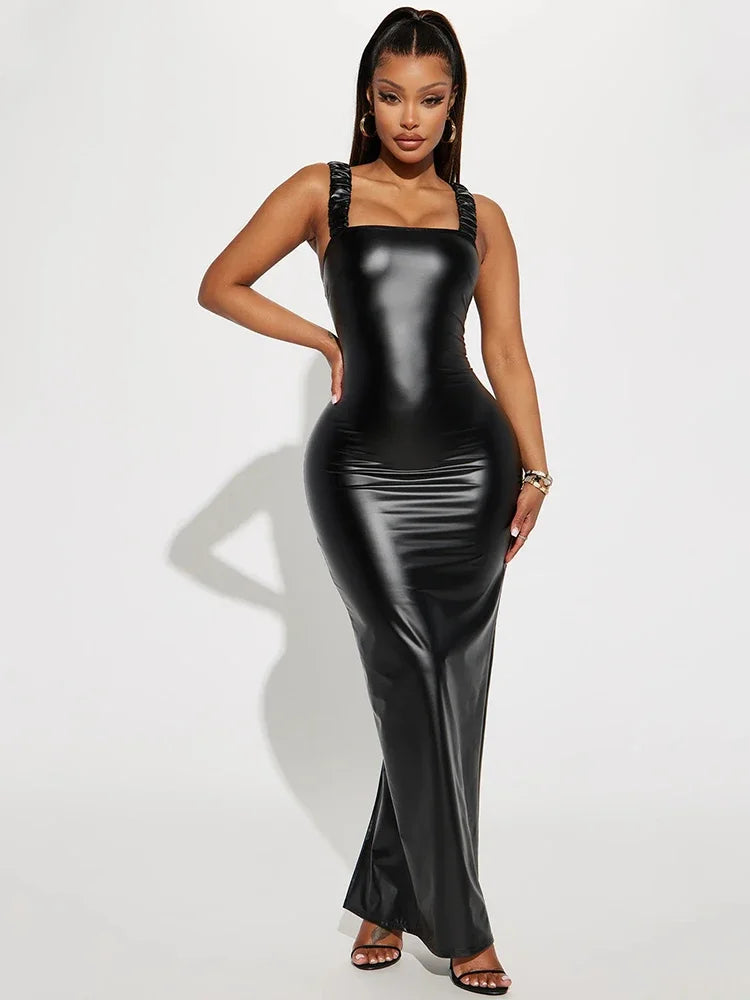Robe Longue Grande Taille en Similicuir à Col Carré